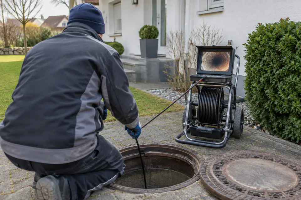 Kamerainspektion einer Abwasserleitung an einem Wohnhaus mit Blick auf den Untersuchungsmonitor