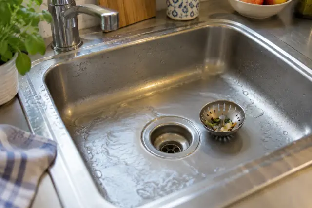 Küchenspüle mit langsam ablaufendem Wasser und herausnehmbarem Abflusssieb